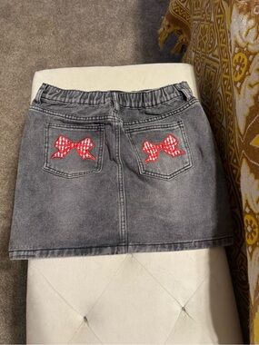 Asphalt Gray Denim Mini Skirt with Red Bow Pocket Appliqués